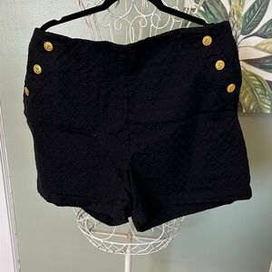 crown & ivy Black Quilted High-Waist Shorts with Gold Buttons